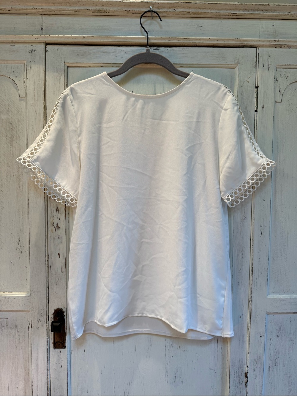 Ann Taylor White Short-Sleeve Top with Crochet-Trim Sleeves